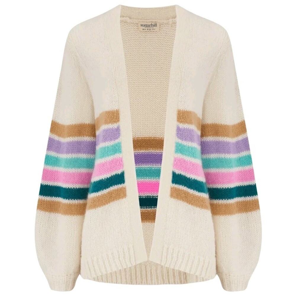 Sugarhill Brighton Cream Striped Balloon Sleeve Sweater Cardigan Alpaca Sz 10